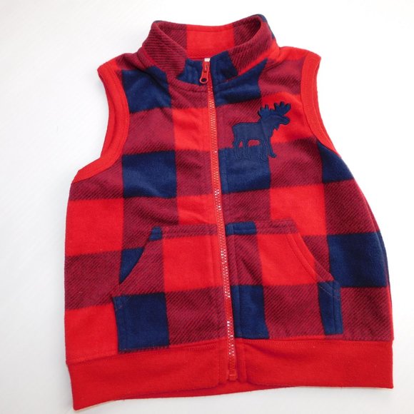 Boys 12-18 Months Red Blue Plaid Fleece Full Zip Vest with moose - Picture 5 of 6